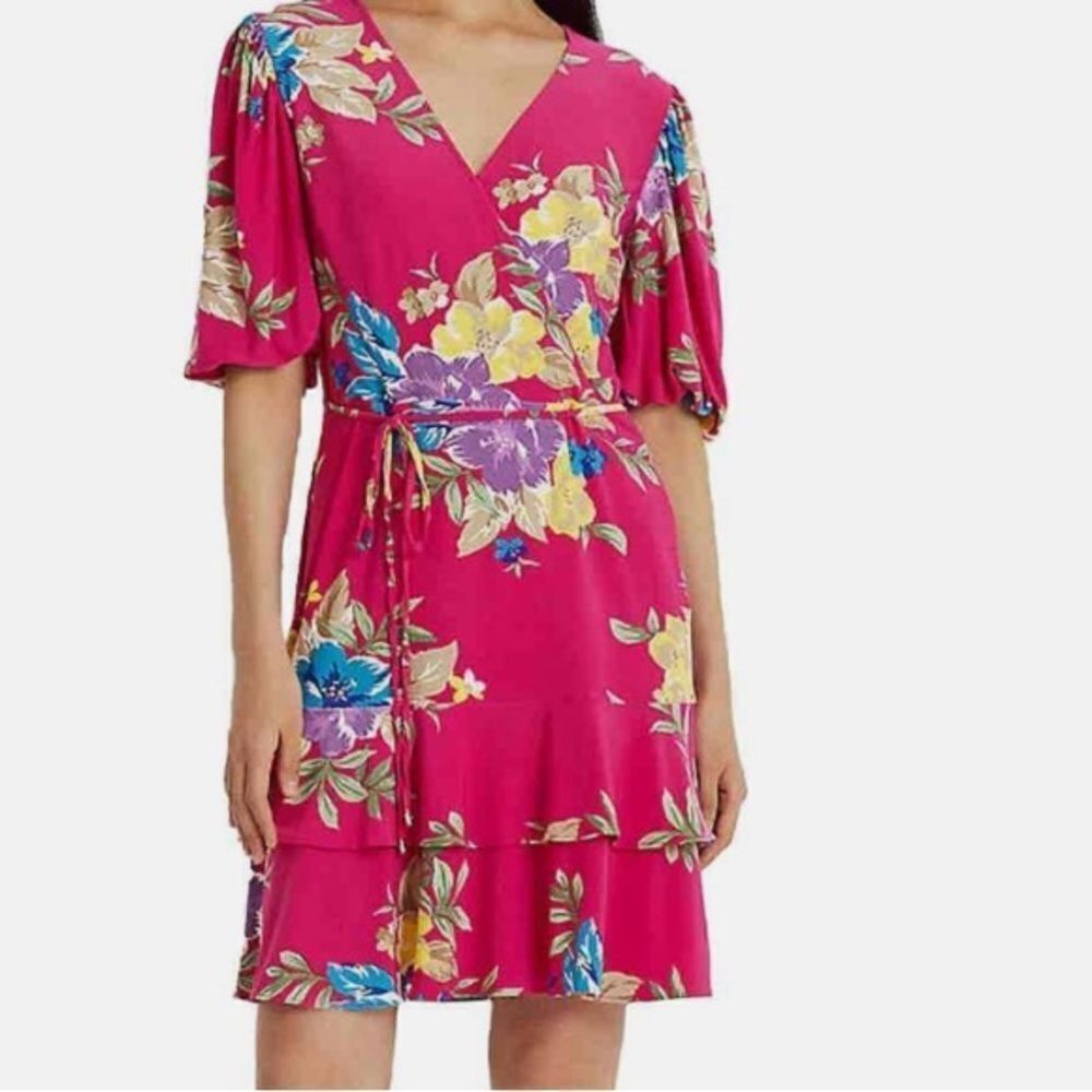 Lauren Ralph Lauren Pink Floral Faux Wrap Valayna Dress Size 6